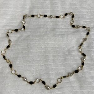 Vintage Faux Pearl Black & Clear Crystal Station Necklace Gold Tone Long Necklac